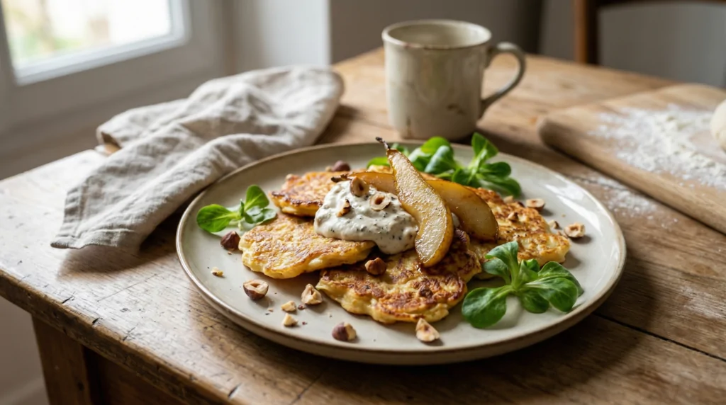 Buñuelos de chirivía, crema de trufa y pera