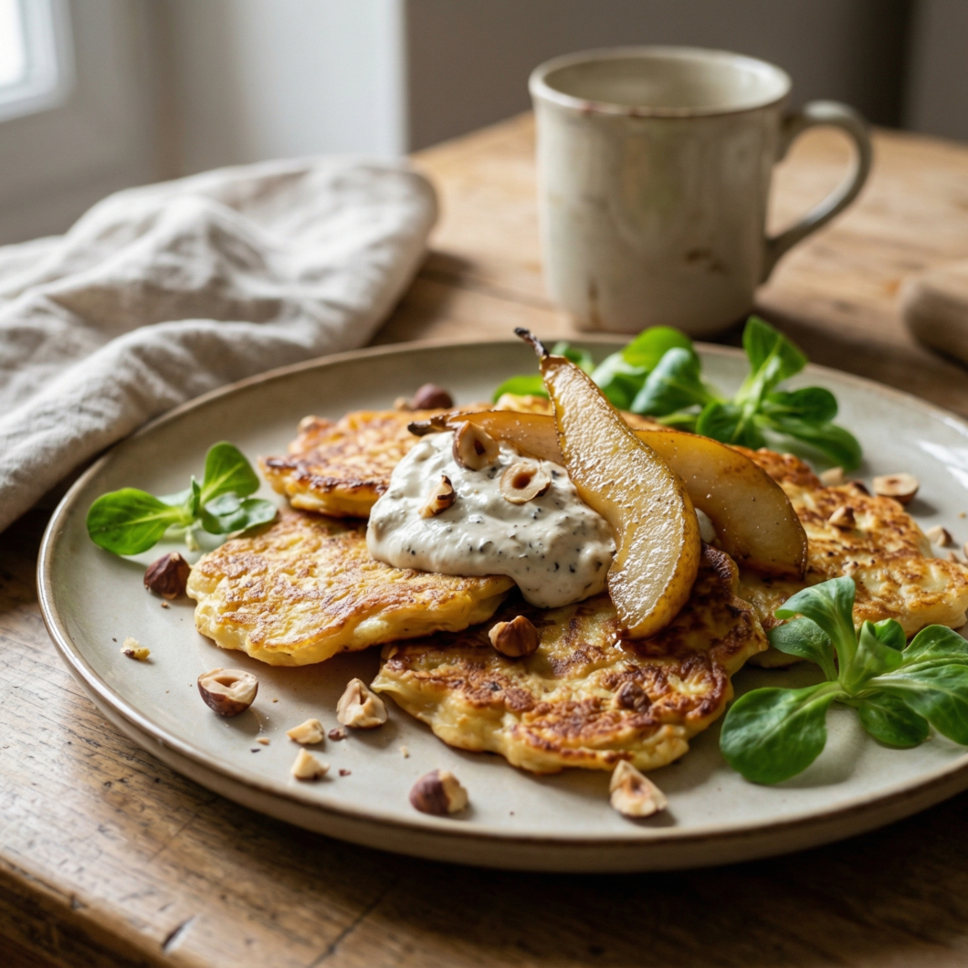 Frittelle di pastinaca, crema al tartufo e pera