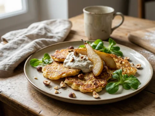 Parsnip fritters, truffle cream and pear