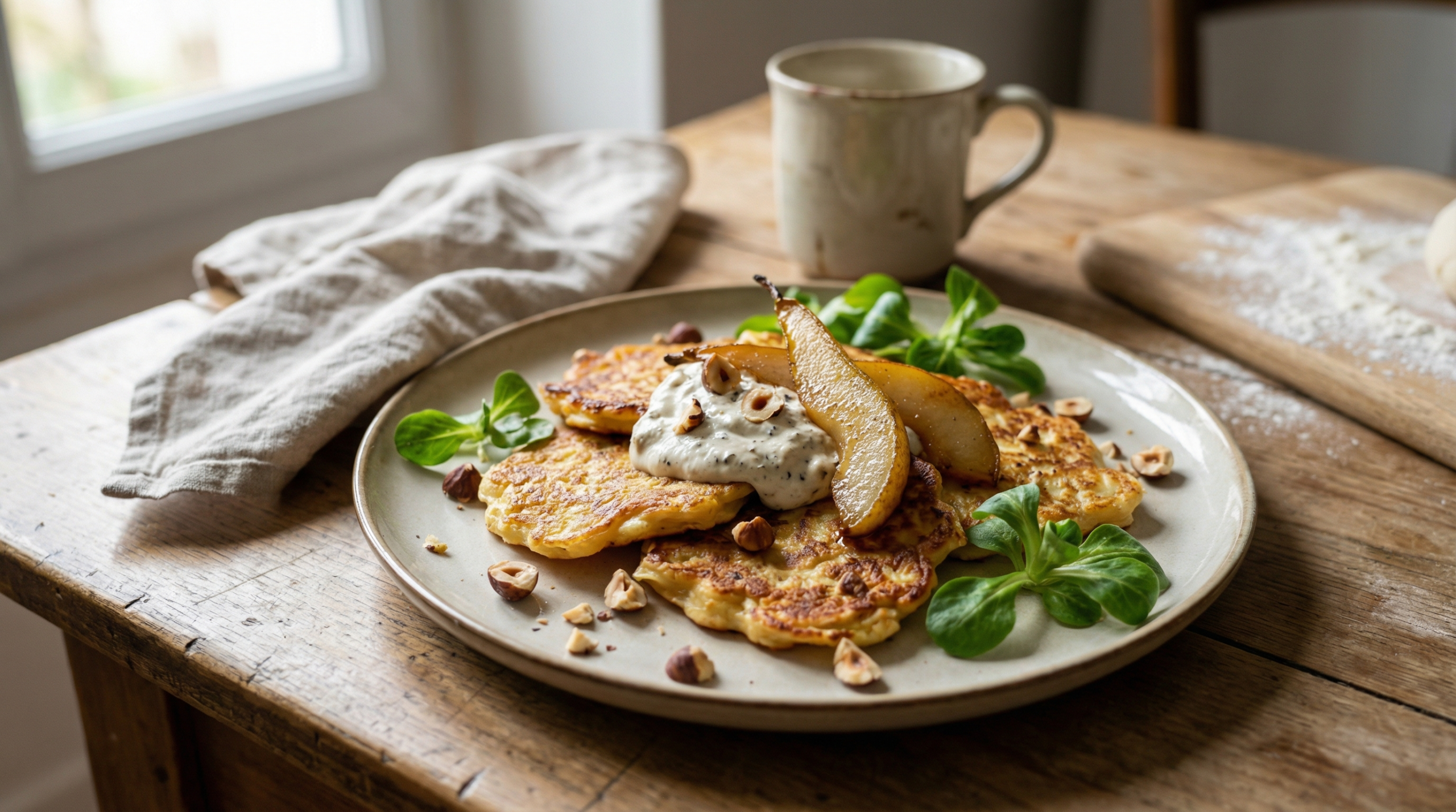 Parsnip fritters, truffle cream and pear