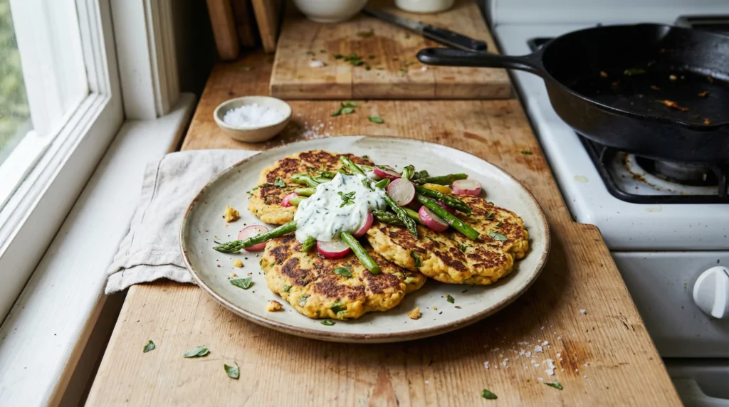Polpette di ceci, asparagi e ravanelli, con yogurt alla menta