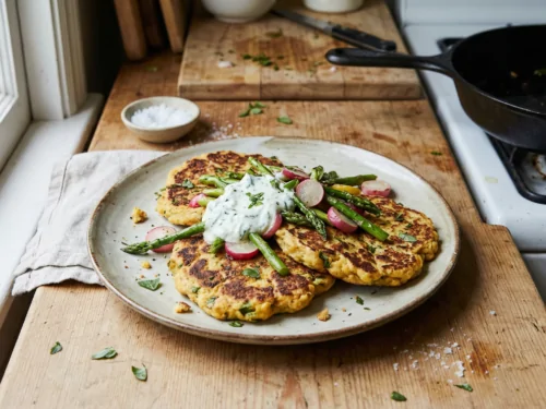 Hamburguesas de garbanzos, espárragos y rábano con yogur de menta