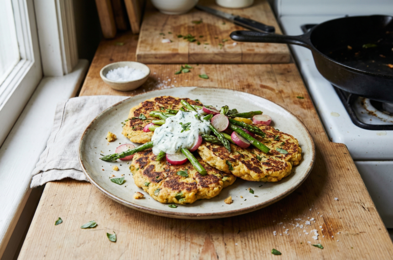 Hamburguesas de garbanzos, espárragos y rábano con yogur de menta