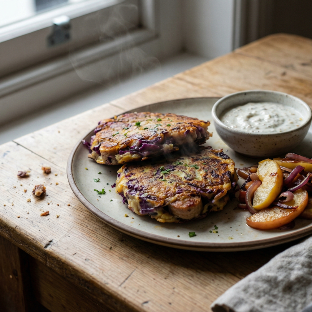 Col lombarda y salchicha en hamburguesas crujientes