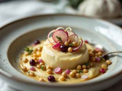 Mousse de alcachofa con habas y teja de rábano