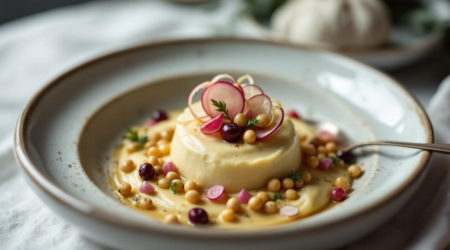 Mousse de alcachofa con habas y teja de rábano