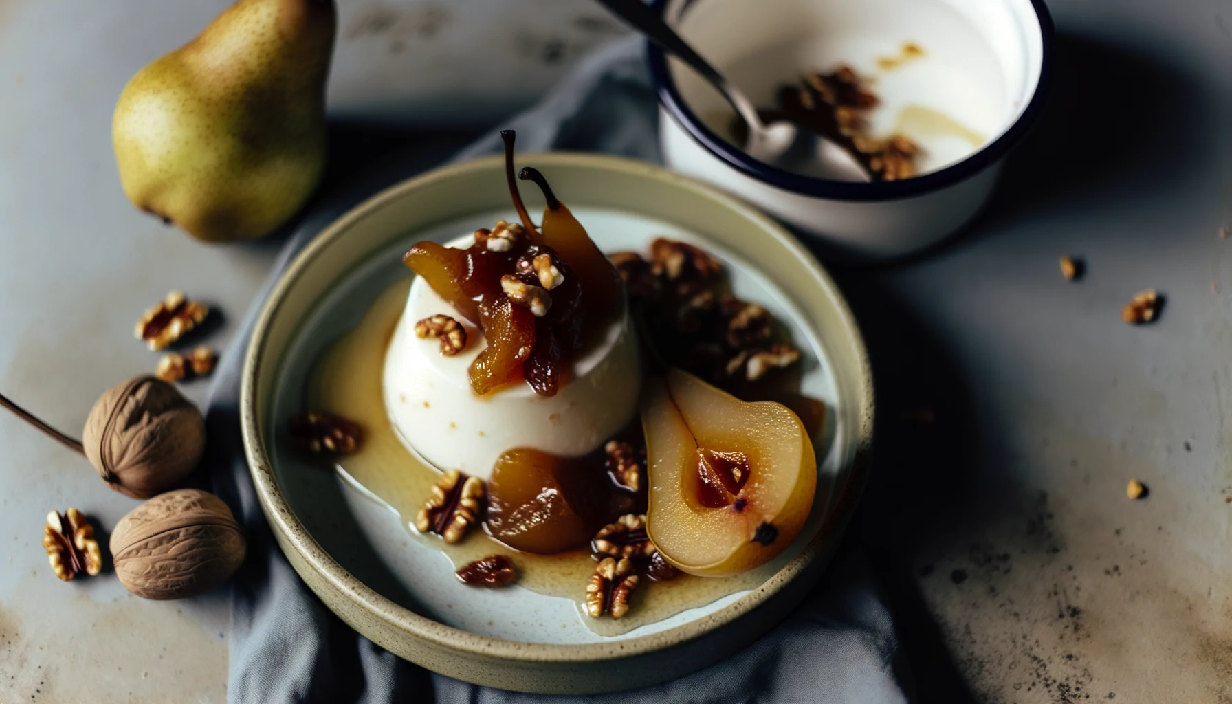 Panna cotta de whisky con peras caramelizadas