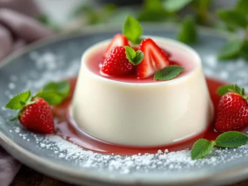 Panna cotta de fresa y ruibarbo con menta fresca