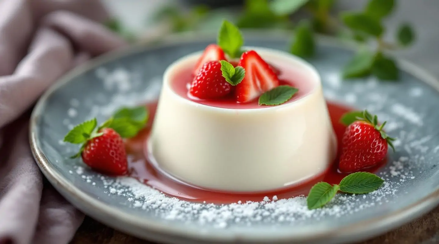 Panna cotta de fresa y ruibarbo con menta fresca