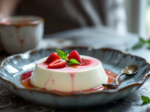 Panna cotta de ruibarbo y fresa con menta fresca