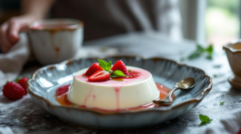 Panna cotta de ruibarbo y fresa con menta fresca