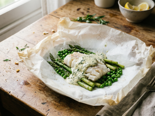 Papillotes de bacalao con verduras de primavera