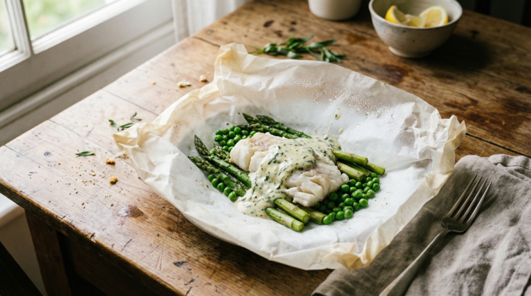 Papillotes de bacalao con verduras de primavera
