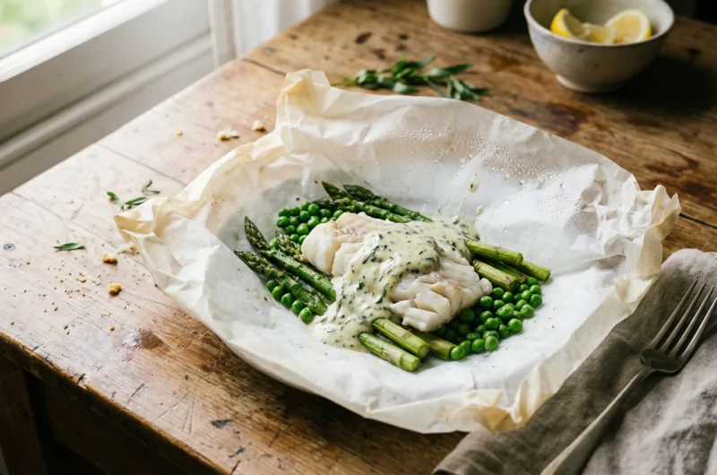 Papillotes de bacalao con verduras de primavera