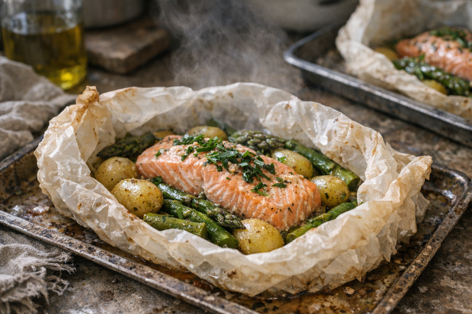 Salmone in cartoccio con asparagi e patate novelle