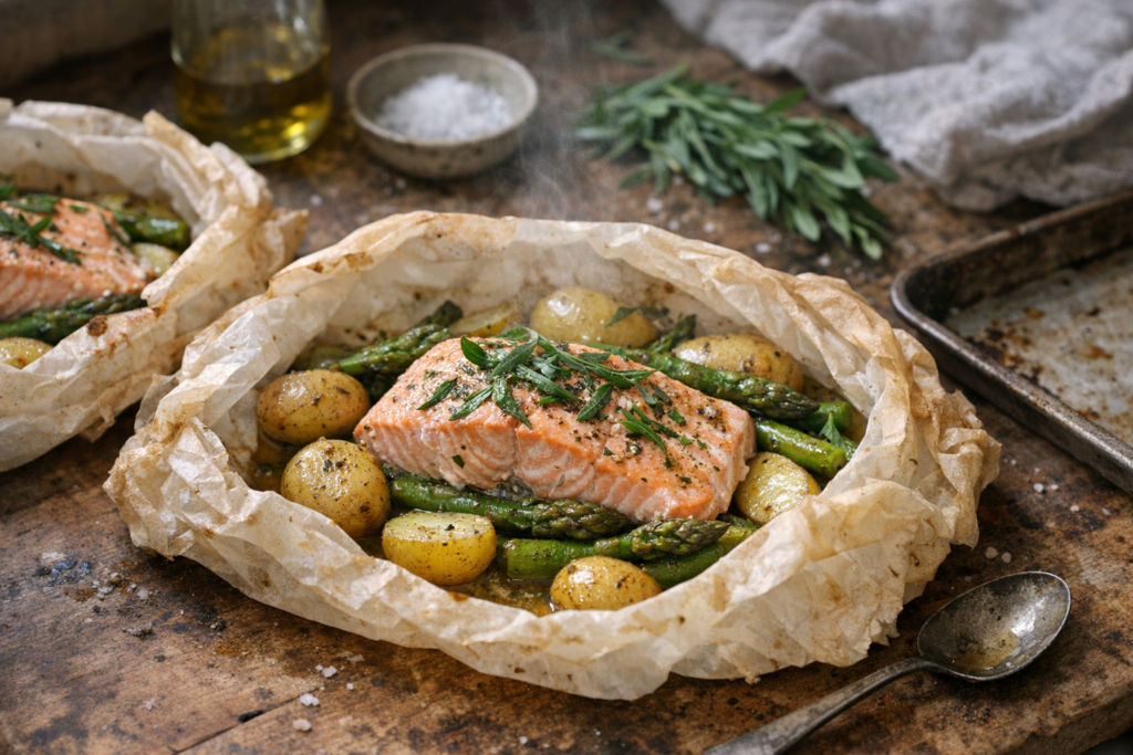 Papillotes de salmón con espárragos y patatas nuevas