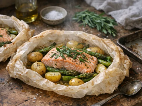 Papillotes de salmón con espárragos y patatas nuevas