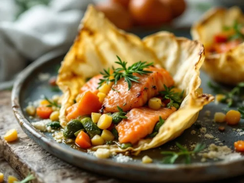 Papillotes de salmón con verduras de primavera