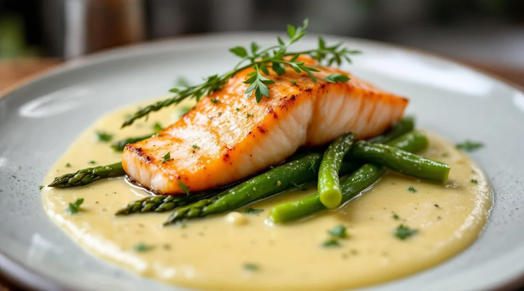 Trancio di salmone con salsa di asparagi e acetosella