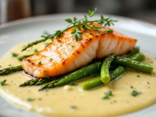 Filete de salmón con espárragos y salsa de acedera