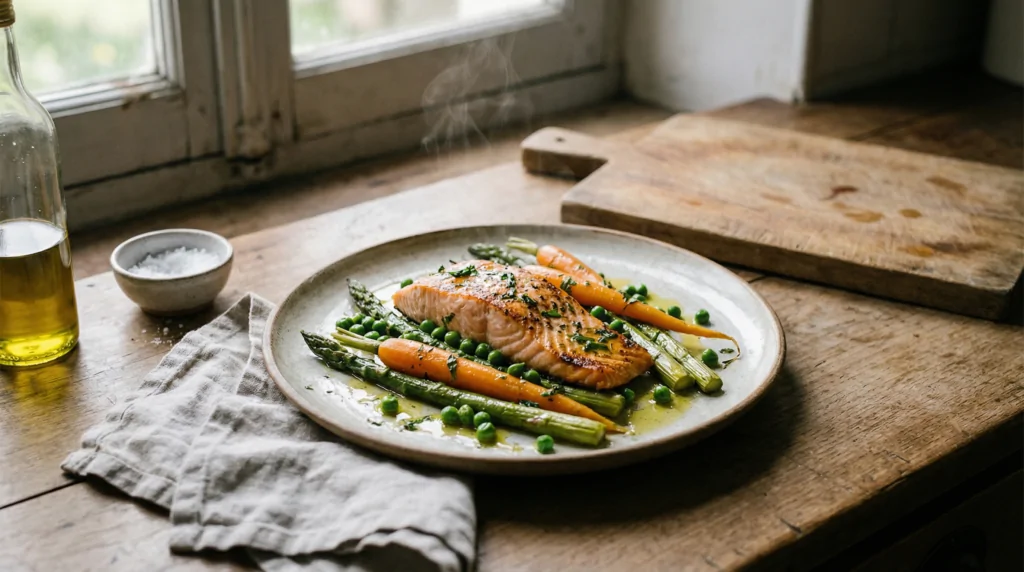 Trancio di salmone con verdure primaverili candite