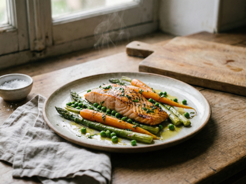 Filete de salmón con verduras de primavera confitadas