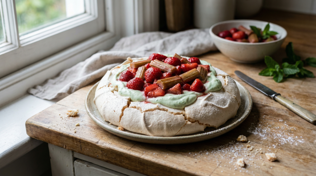 Pavlova de fresa y ruibarbo con crema de menta