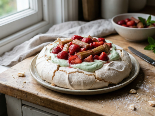 Pavlova de fresa y ruibarbo con crema de menta