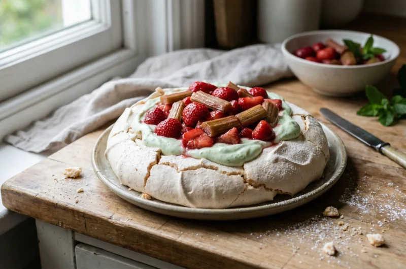 Strawberry-rhubarb pavlova, mint cream Strawberry-rhubarb pavlova, mint cream