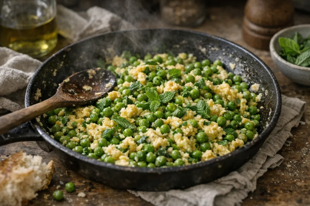 Guisantes salteados con huevos y menta fresca