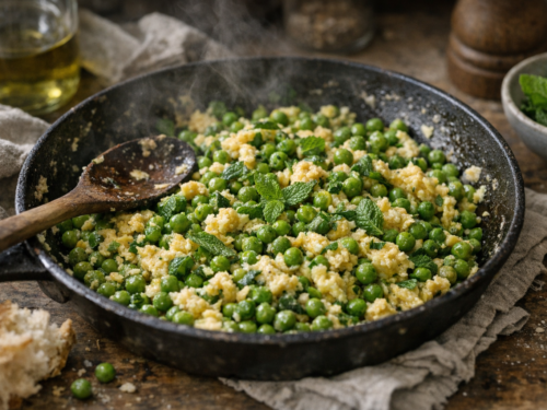 Guisantes salteados con huevos y menta fresca