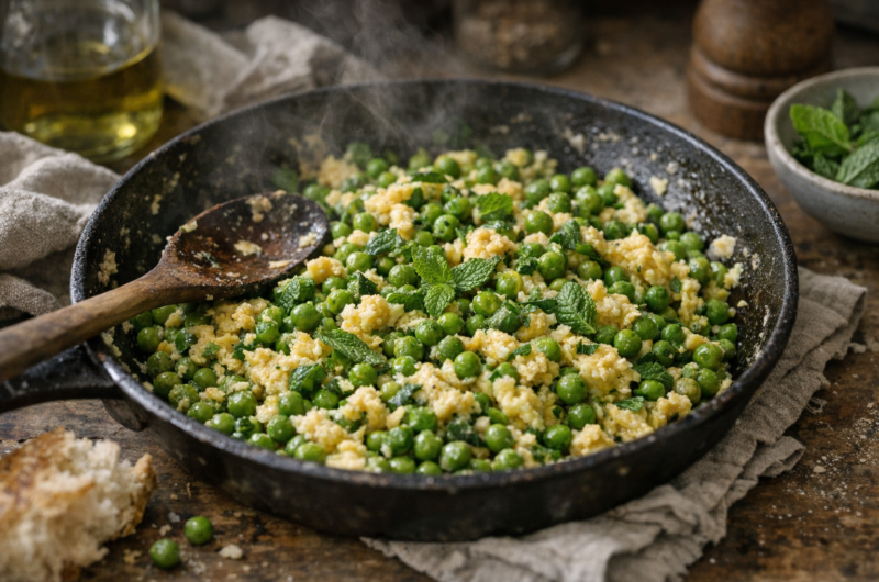 Piselli saltati in padella con uova e menta fresca