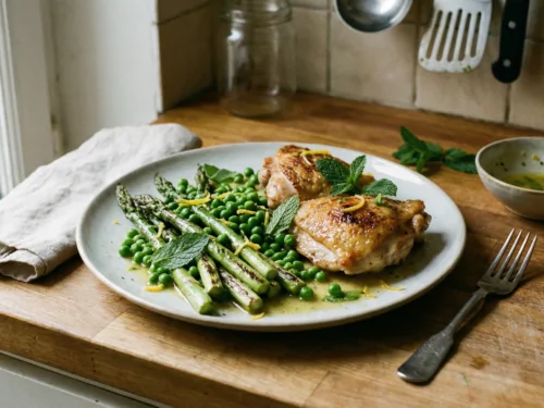 Pollo salteado con espárragos y guisantes, con limón y menta