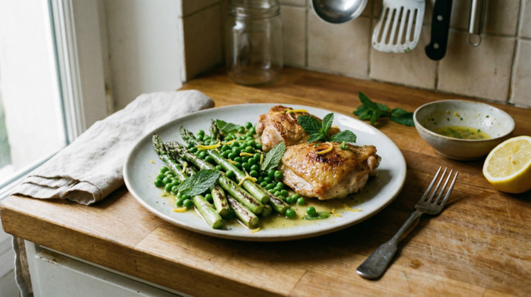 Pollo salteado con espárragos y guisantes, con limón y menta