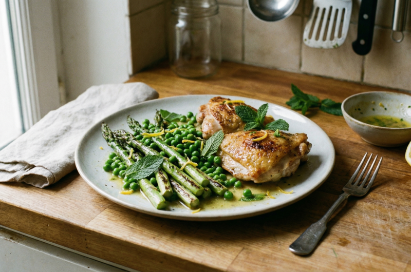 Pollo salteado con espárragos y guisantes, con limón y menta