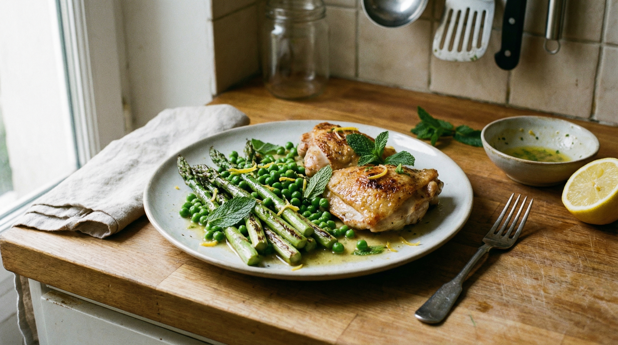 Pan-fried chicken, asparagus and peas with lemon-mint