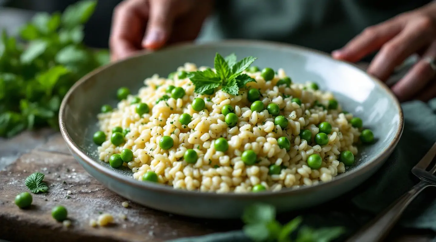 Risotto con guisantes y espárragos con menta
