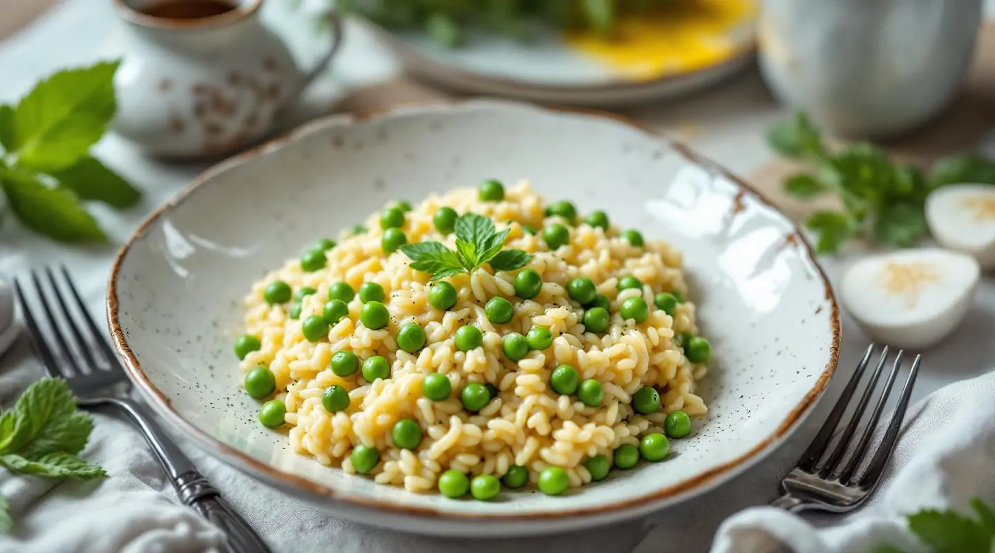 Risotto aux petits pois, fèves et menthe fraîche