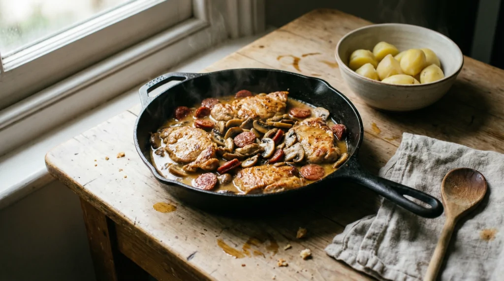 Ternera salteada con chorizo ​​y champiñones