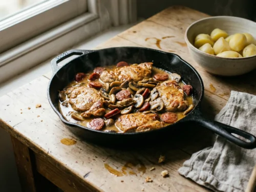 Ternera salteada con chorizo ​​y champiñones