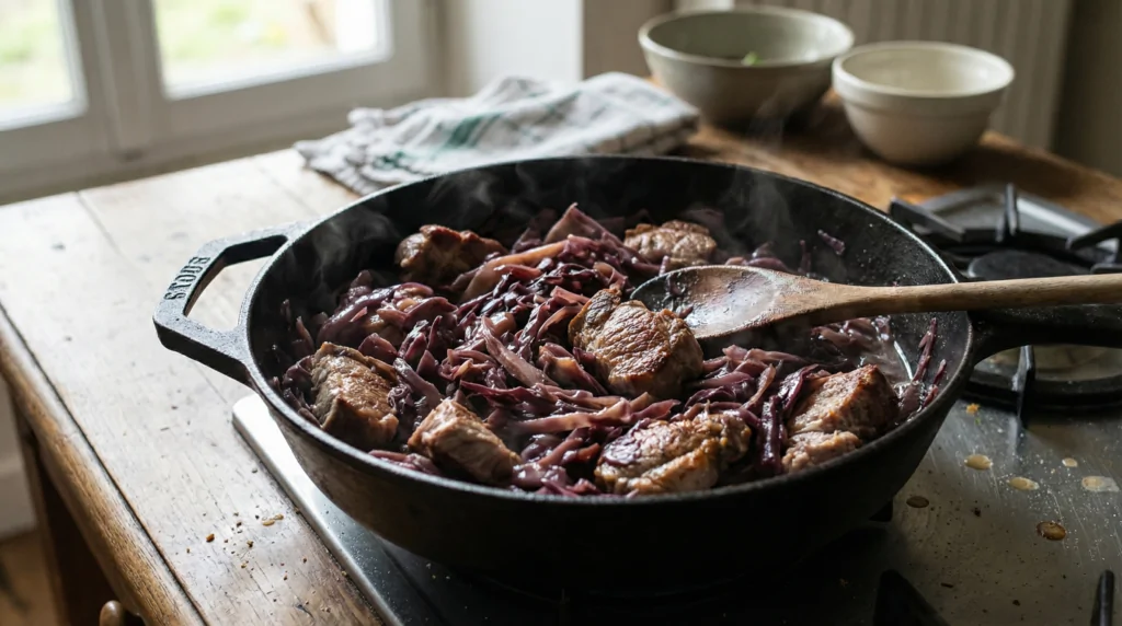 Col lombarda salteada con cerdo