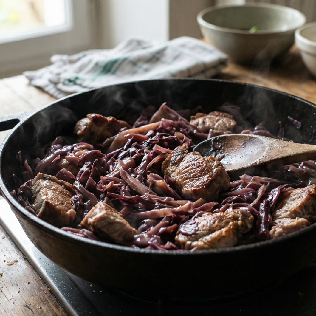 Col lombarda salteada con cerdo