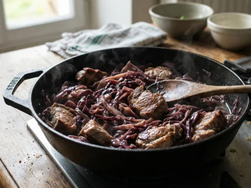 Col lombarda salteada con cerdo