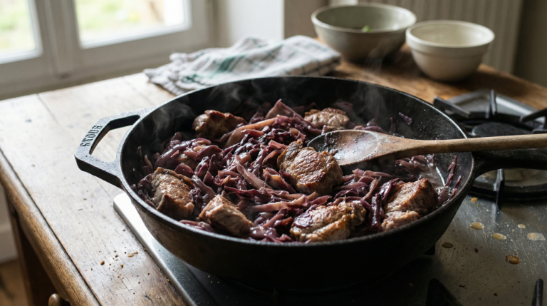 Col lombarda salteada con cerdo