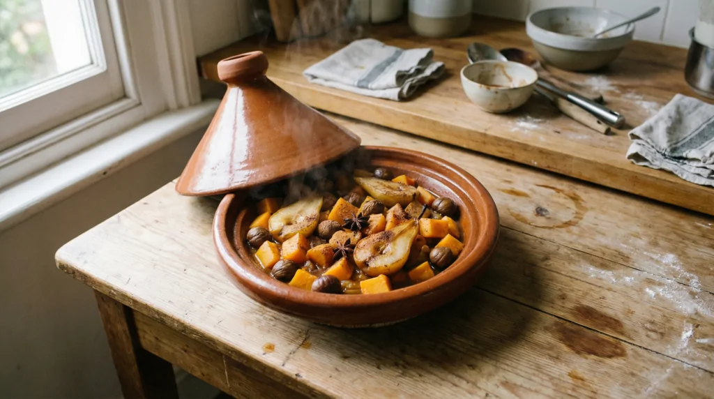Tajine di zucca con castagne e pere candite