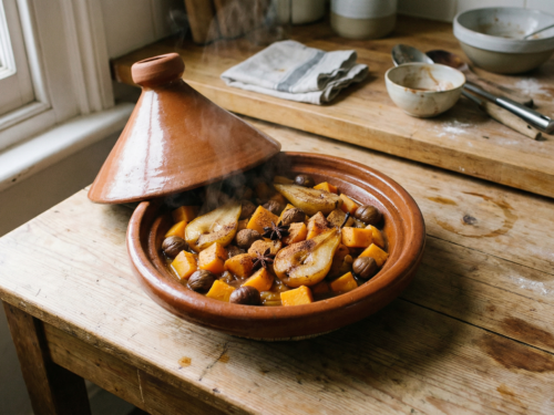 Tajín de calabaza con castañas y peras confitadas