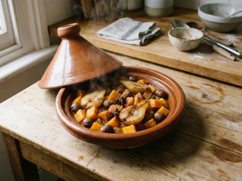 Tajine de courge aux châtaignes et poires confites