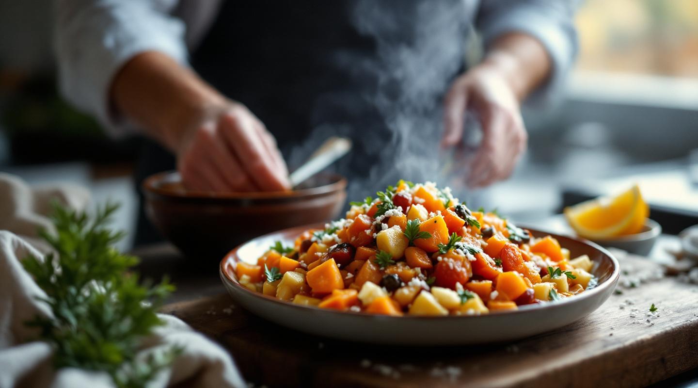 Tagine de verduras de invierno con castañas y naranja