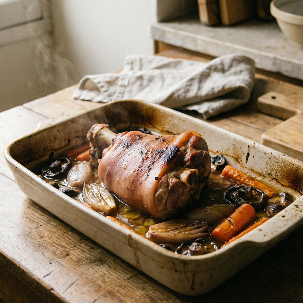 Codillo de jamón asado con chalotas