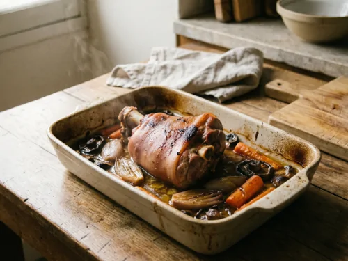 Gebratene Schweinshaxe mit Schalotten